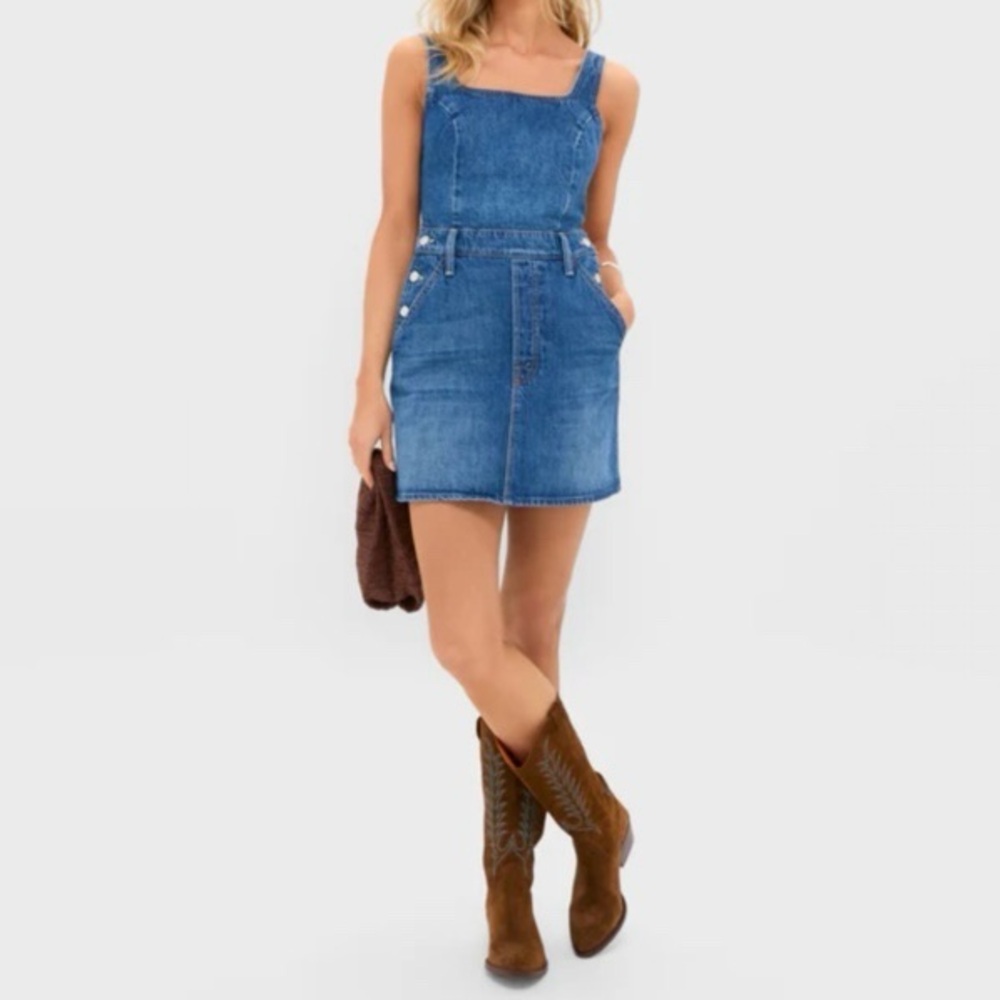 MOTHER The Over It Denim Cutout Mini Dress Medium - Picture 2 of 12